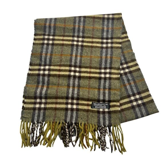 Burberry's Men's Olive Green Multicolored Checkered Wool Fringe lambswool Scarf - Picture 1 of 6
